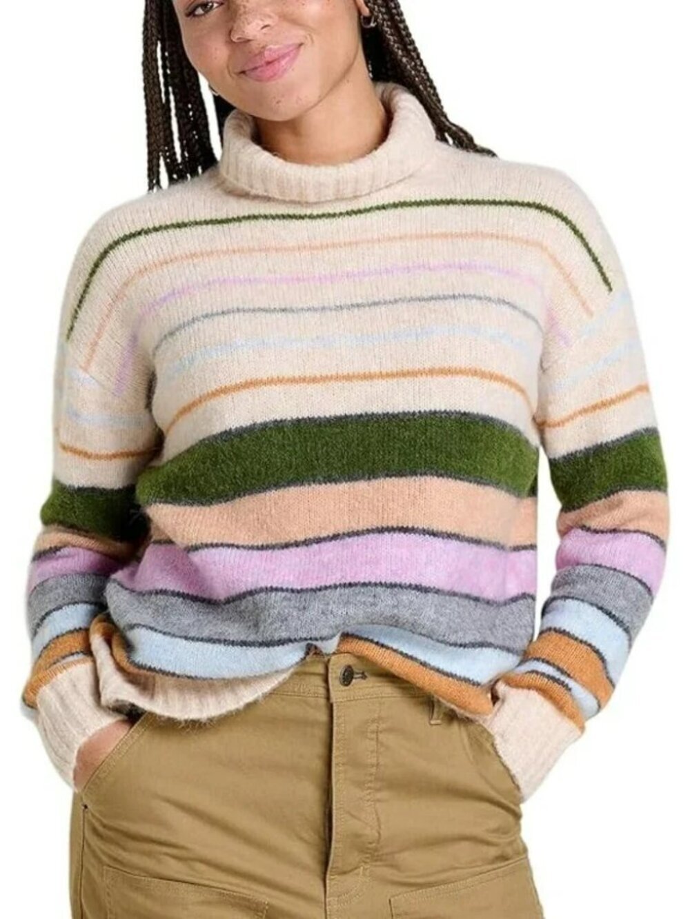 Granola Cabin Retro Boho Toad&Co Mock Neck Boxy Sweater Cream Stripe Sz Lg NWOT